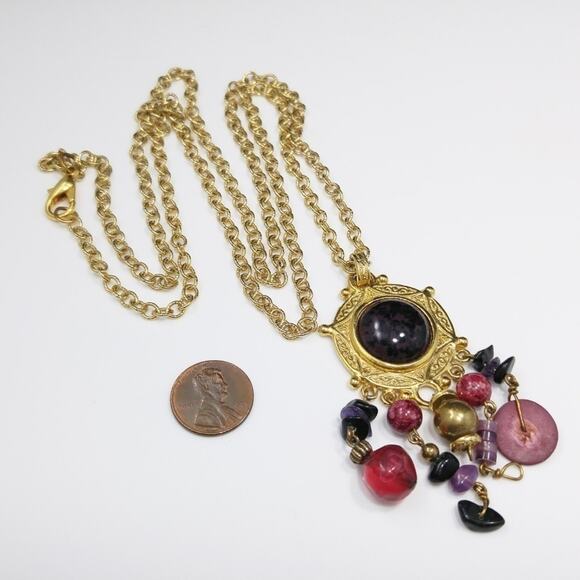 Express Bead Dangle Pendant Necklace, Pink Gold, 36 Inches, Red Purple Beads - Picture 5 of 8